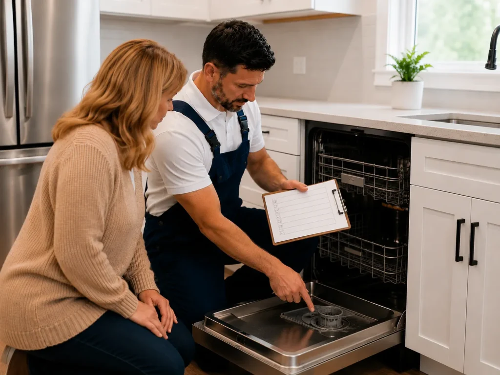 Appliance Repair In Brooklin technician explaining dishwasher filter inspection to a homeowner