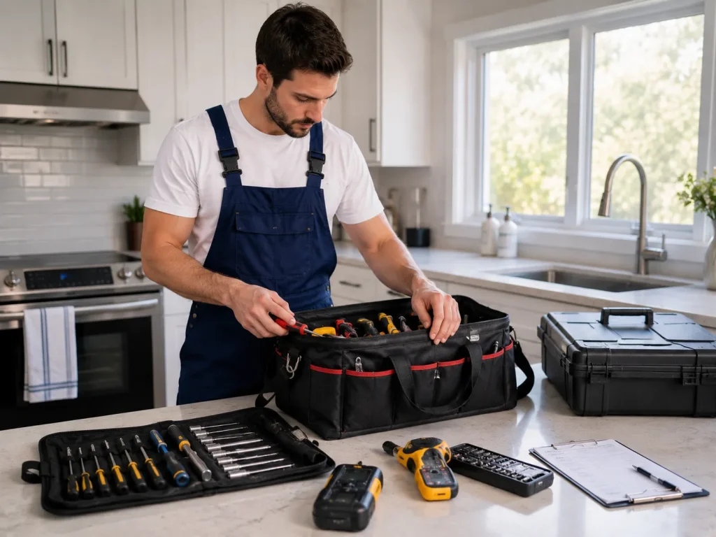Professional appliance repair technician preparing tools before a service visit in Bowmanville