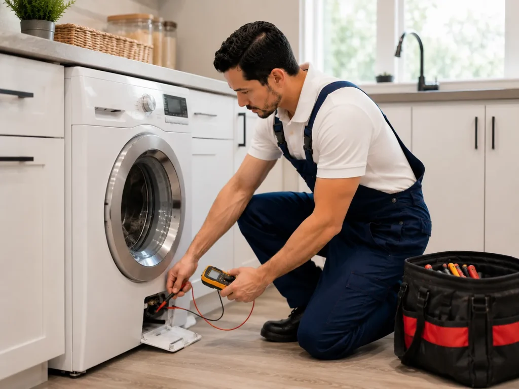 Professional Appliance Repair In Brooklin technician performing a washing machine quality inspection using a digital diagnostic meter.