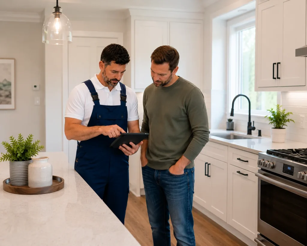 Professional appliance repair technician discussing diagnostic results with a homeowner during appliance repair service in Clarington, Ontario.