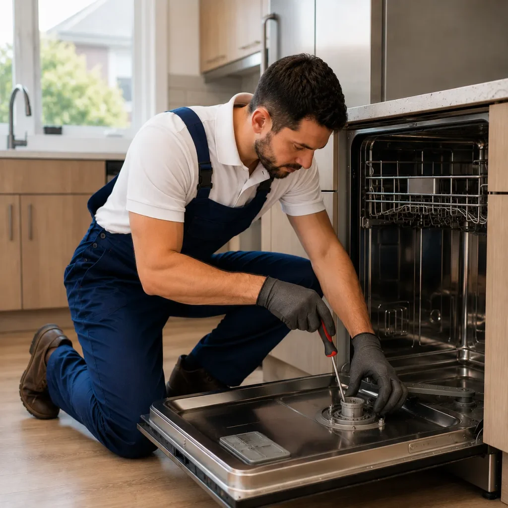 Professional appliance repair technician repairing a dishwasher in a modern Clarington home kitchen.