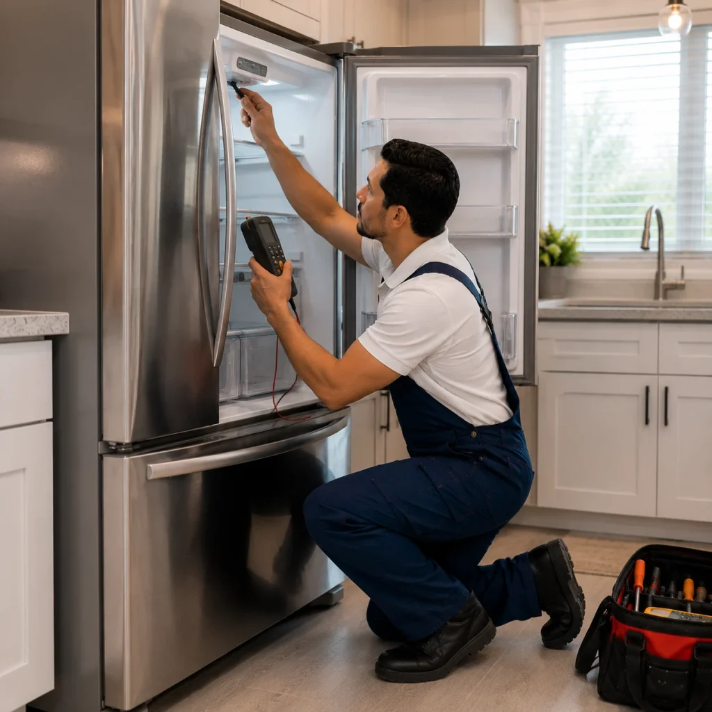 Refrigerator repair technician carrying out diagnostic testing in a Courtice home kitchen