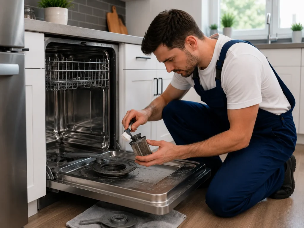 Professional technician performing Appliance Repair In Pickering by cleaning and inspecting a dishwasher filter