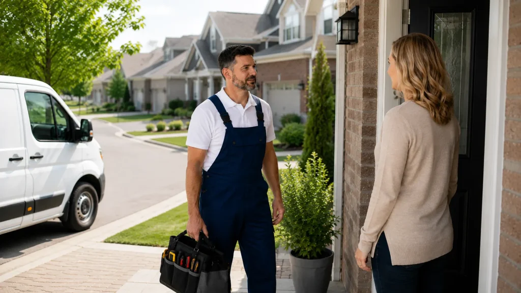 Professional appliance repair technician arriving at a homeowner's residence for a scheduled service visit
