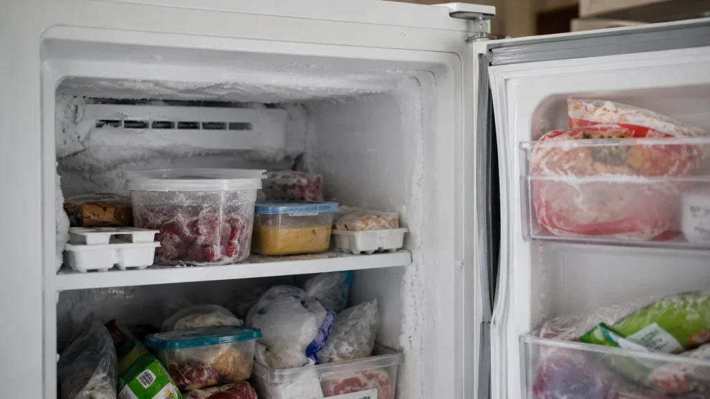 Heavy frost and ice buildup inside a freezer