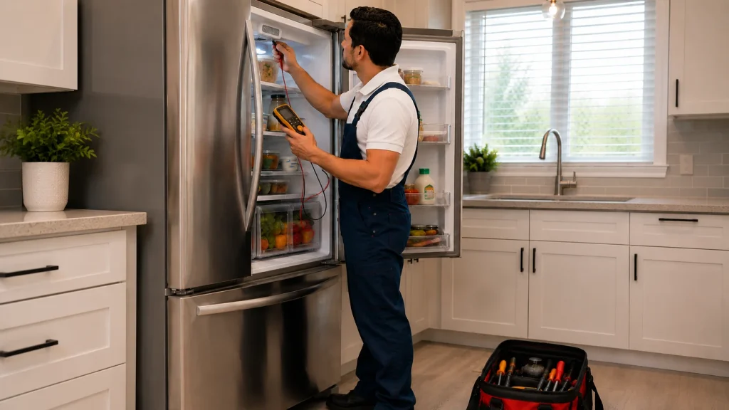 Appliance technician inspecting an open refrigerator