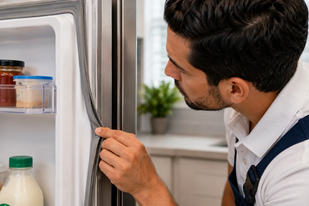 Appliance technician inspecting a refrigerator door seal