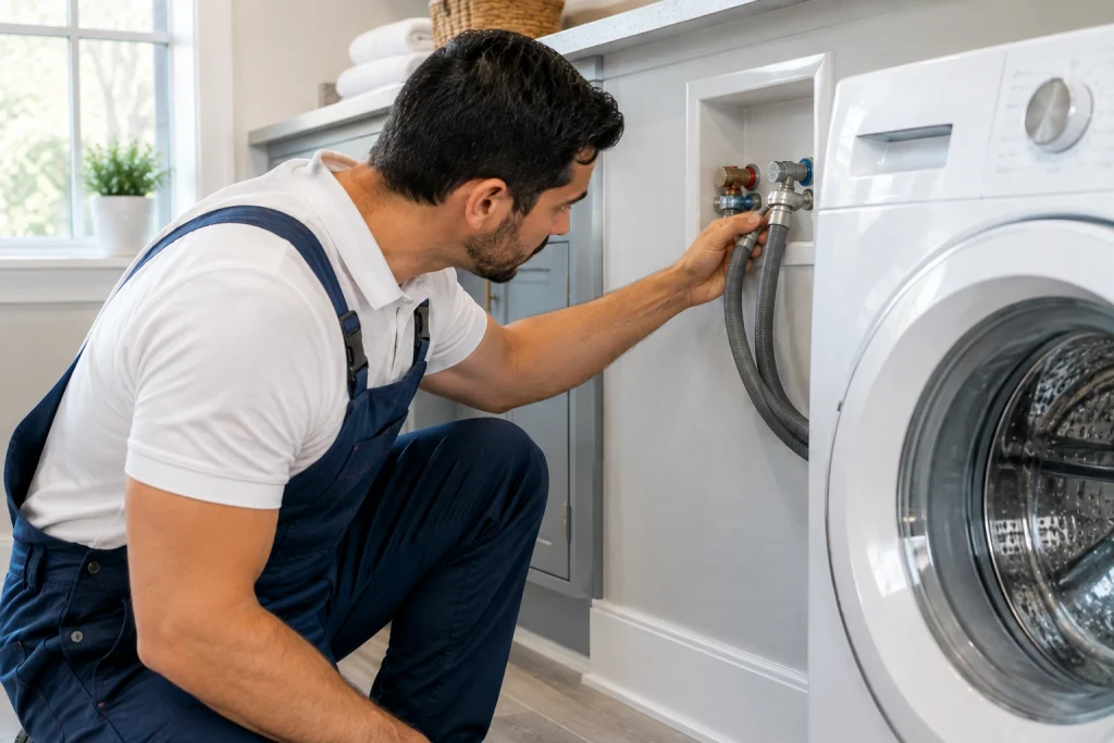 Technician checking a washing machine water inlet hose