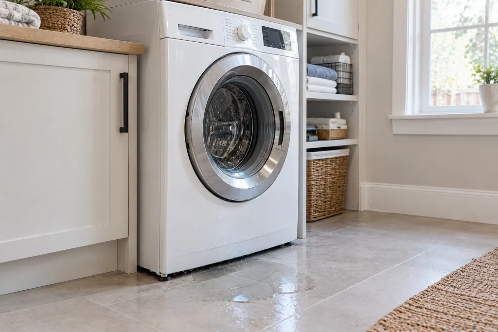 Washing machine leaking water onto laundry room floor
