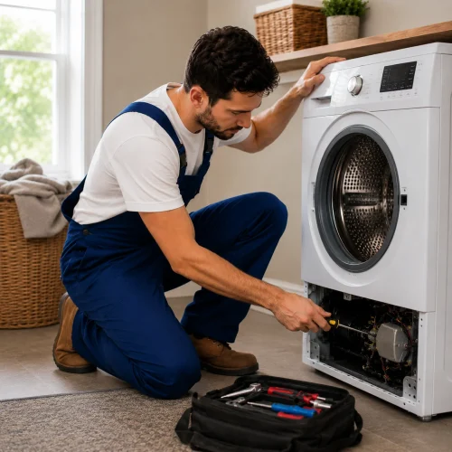 Professional technician performing Oshawa appliance repairs inside residential laundry room